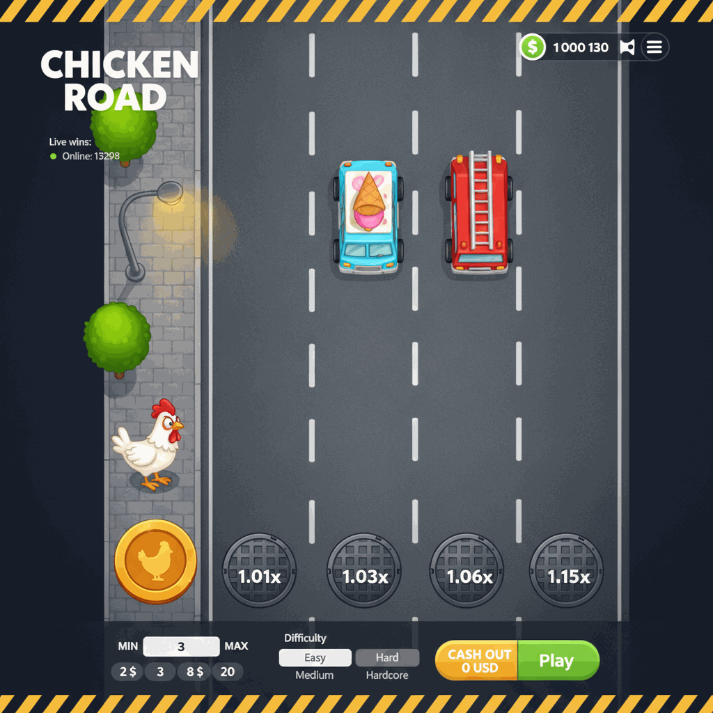 Chicken Road game interface showing a cartoon chicken character standing on an urban sidewalk preparing to cross a multi-lane road with white dashed lane markers, manhole cover multiplier indicators, and oncoming traffic. The dark road surface extends right with amber lane multipliers displayed on each crossing point, demonstrating the crash game mechanics where players increase winnings by successfully crossing lanes before being hit by a car.