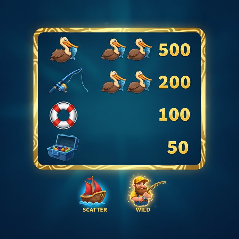 Fishin Frenzy paytable showing pelican, fishing rod, life preserver and tackle box payouts